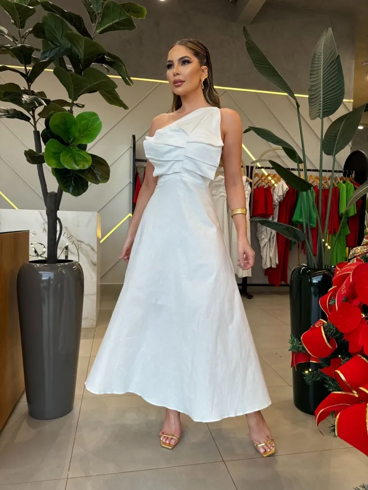 VESTIDO MAX MIDI DETALHE FOLHA LINHO