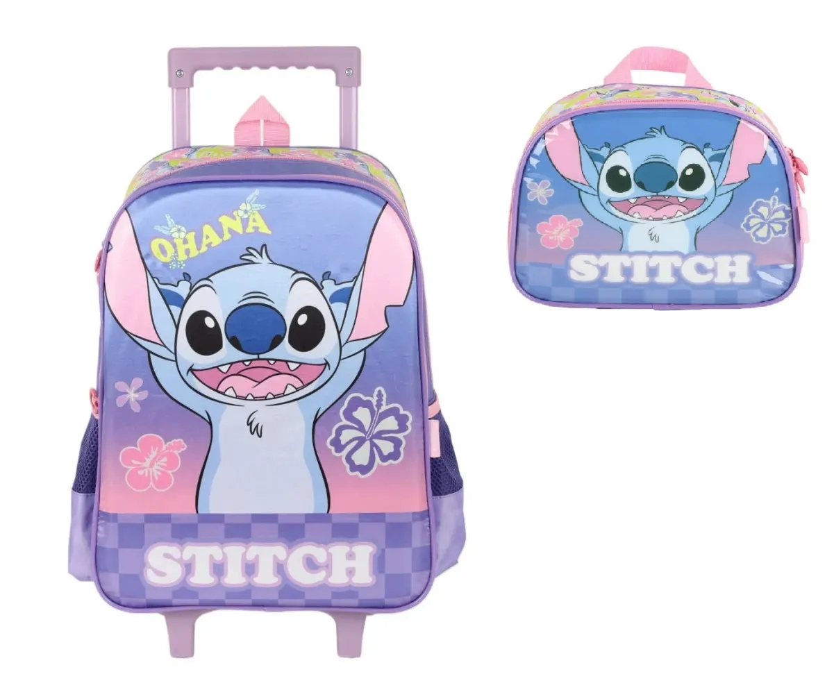  Mochila com rodas + lancheira original Stitch violeta IC41542SC