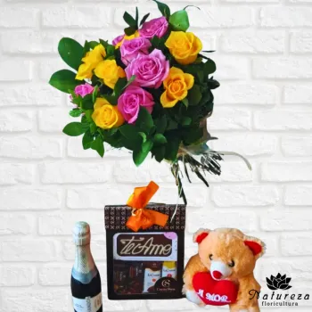  Buquê  tons de alegria com cacau show urso e mini espumante 