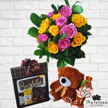  Buquê  tons de alegria com cacau show e urso 