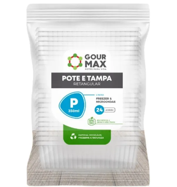 Pote Retangular Com Tampa 350ML GourMax 144UN