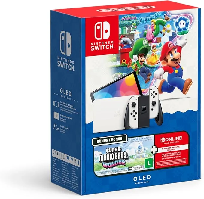 Console Nintendo Switch Oled + Super Mario Bros. Wonder + 12 Meses Assinatura Nintendo Switch Online