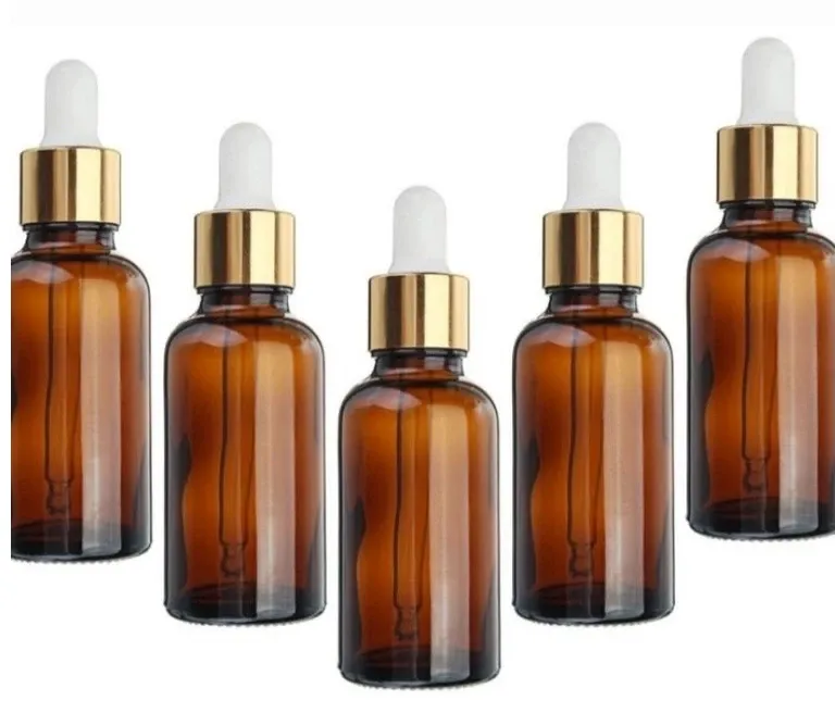 Frasco Conta Gotas 30 ml de Vidro Âmbar Tampa Dourada