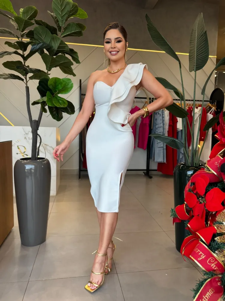 VESTIDO NULA MANGA BABADO BRANCO