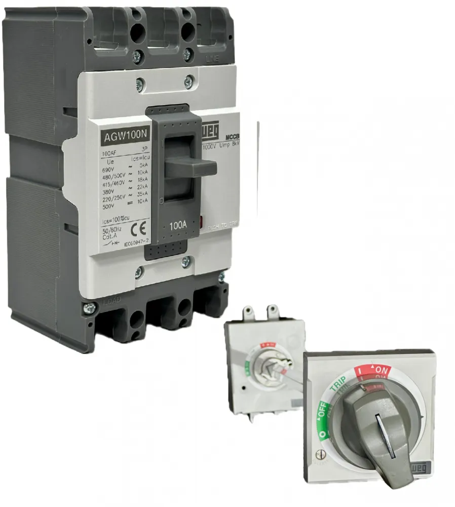 DISJUNTOR EM CAIXA MOLDADA WEG AGW100N-DX100-3 100A TRIPOLAR COM MANOPLA ROTATIVA MR469 - 12775102/12778356