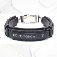 Pulseira de Couro Preta Foco Força e Fé