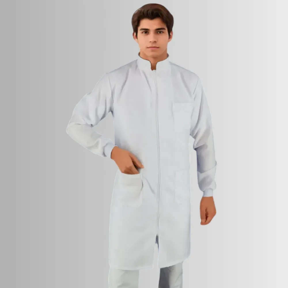 Jaleco Masculino Branco Gola Padre com Punho e  Zíper tecido de Oxford