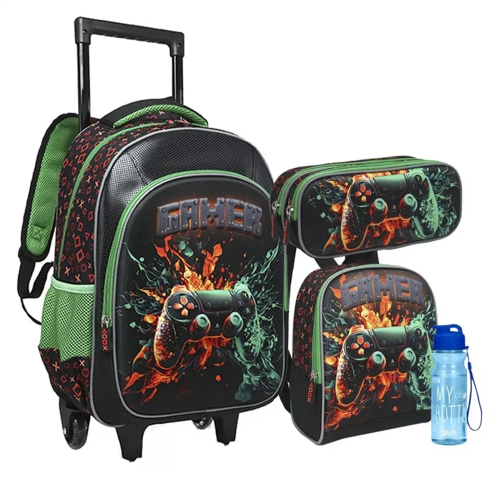 Kit Mochila Infantil Rodinha Gamer lancheira Estojo Garrafa - Nova Rio