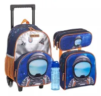 Kit Mochila Infantil Rodinha Astronauta lancheira Estojo Garrafa - Nova Rio