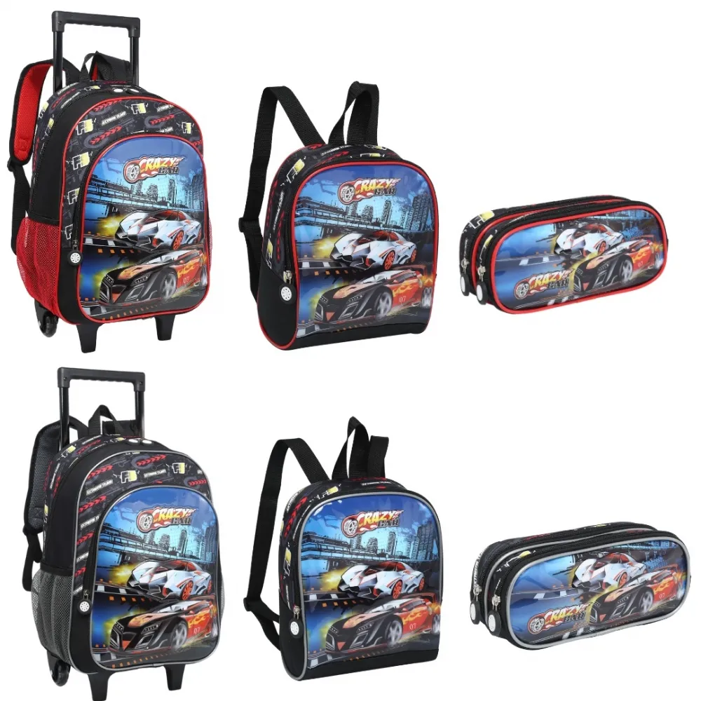 Kit completo Mochila de Rodinhas Lancheira Estojo Crazy car- Nova Rio Imagem
