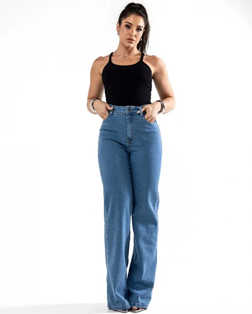 Calça Jeans Wide Leg Consciência Feminina Azul Claro