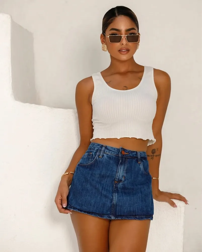 Saia Shorts Jeans Consciência Feminina Azul Escuro Imagem