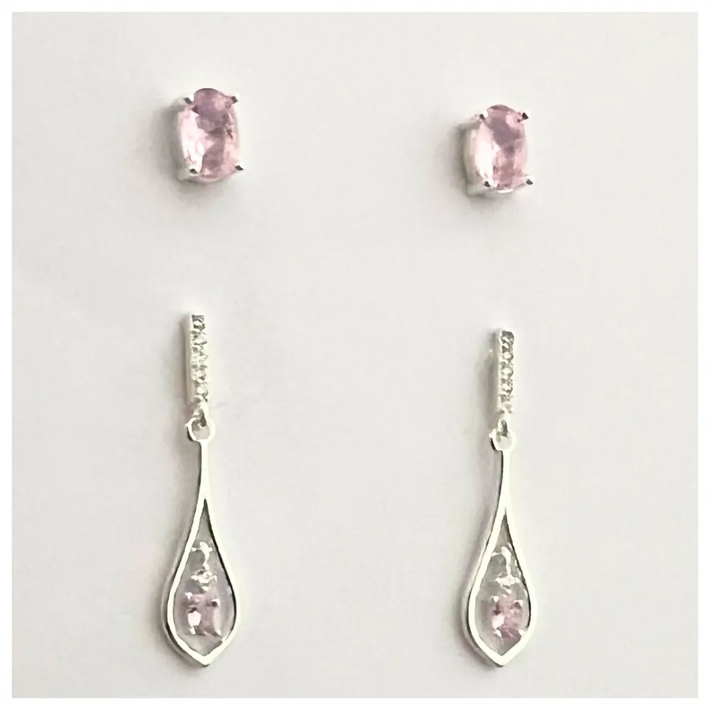 Dupla de brincos de prata alta com pedras rosas - BB281196