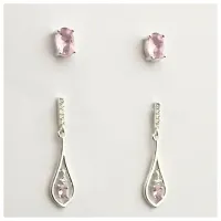 Dupla de brincos de prata alta com pedras rosas - BB281196