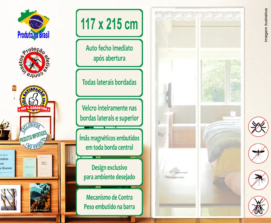 Tela mosquiteira magnética, cor branca, tecido listrado vertical - 117 x 215 cm