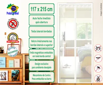 Tela mosquiteira magnética, cor branca, tecido listrado vertical - 117 x 215 cm