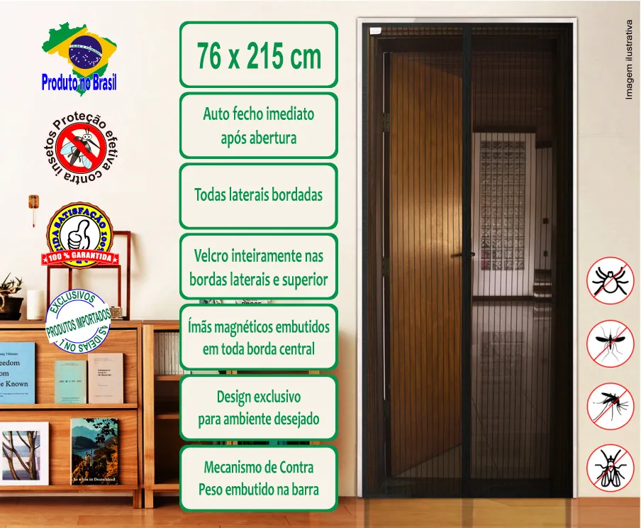 Tela cortina magnética contra insetos, cor preta, tecido liso - 76 x 215 cm Imagem