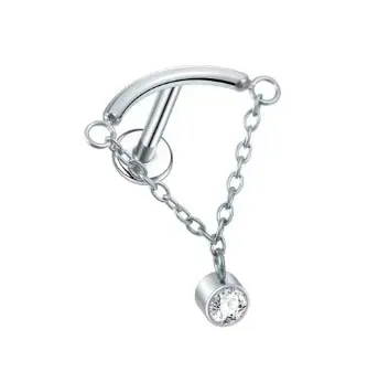 Labret em Titânio 1.2mm - BARRA CURVA e  CORRENTE com PEDRA FLAT TIT14