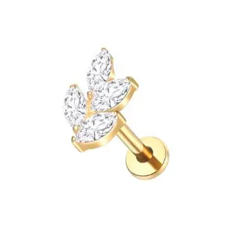 Labret em Titânio  PVD DOURADO 1.2mm - RAMO 4 Folhas com Pedras - TIT10