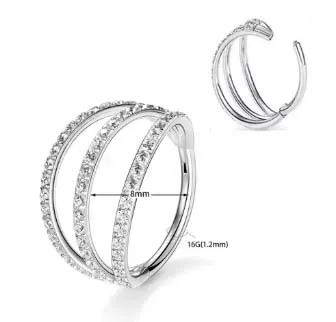Argola em TITÂNIO TRIPLE RING Clicker com Pedras Cravejadas 8mm TIT08
