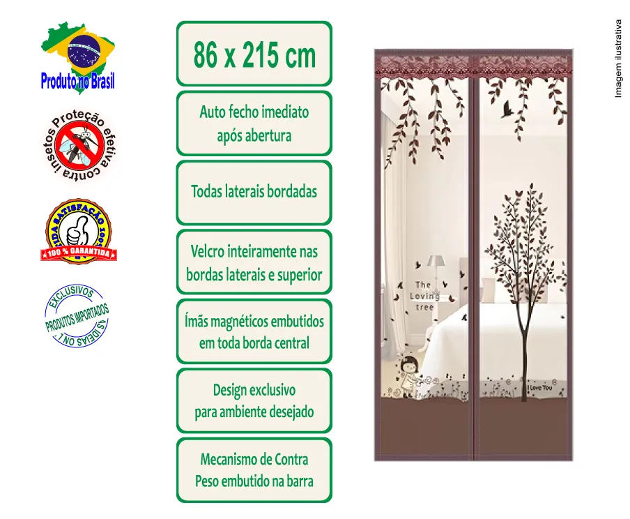 Tela mosquiteira magnética, cor marrom, tecido estampado - 86 x 215 cm