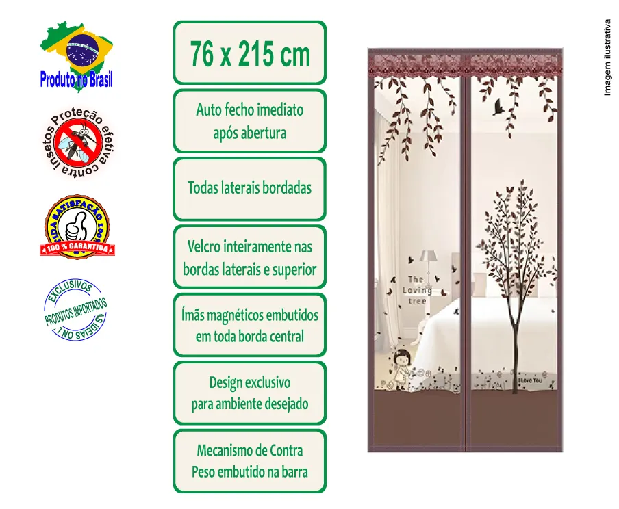 Tela mosquiteira magnética, cor marrom, tecido estampado - 76 x 215 cm
