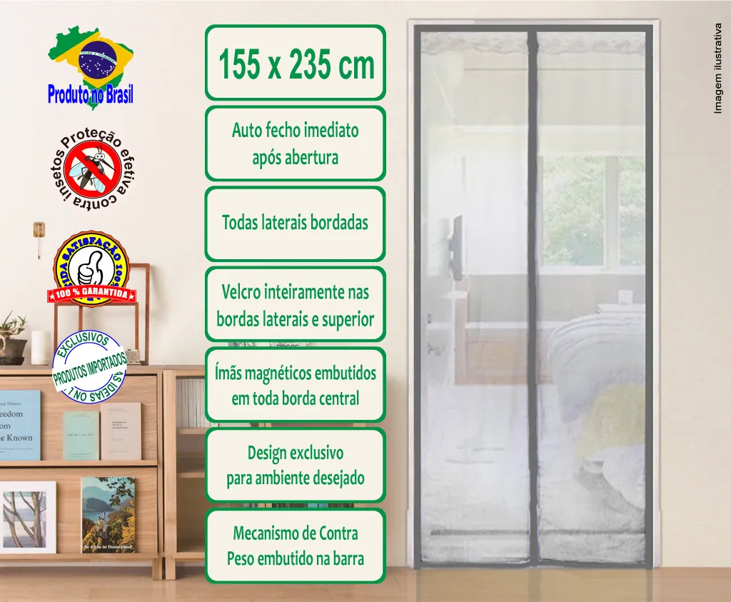 Tela mosquiteira magnética, cor prateada, tecido liso - 155 x 235 cm