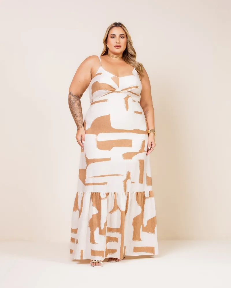 Vestido Longo  Rayon Diva's Voga Estampado Caramelo Mel Imagem