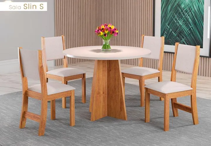 Mesa redonda 4 cadeiras Flip 90 cm Tampo MDF laqueado