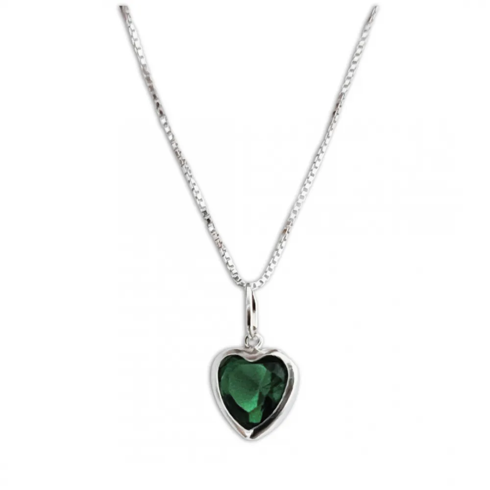 Colar de Prata Coração - Verde Esmeralda - PF150