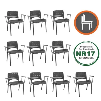 Kit com 10 unidades Cadeira de Treinamento Empilhável Ergoplax com Prancheta Escamoteável Anti Pânico
