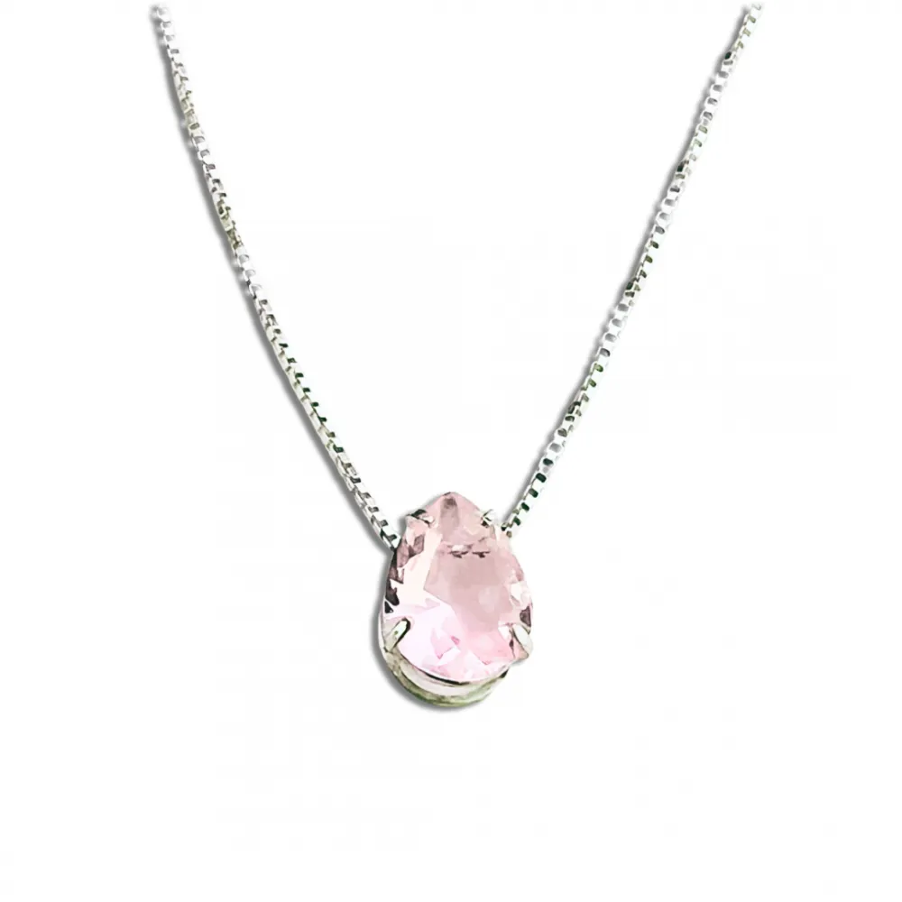 Colar de prata ponto de luz gota rosa - PF337