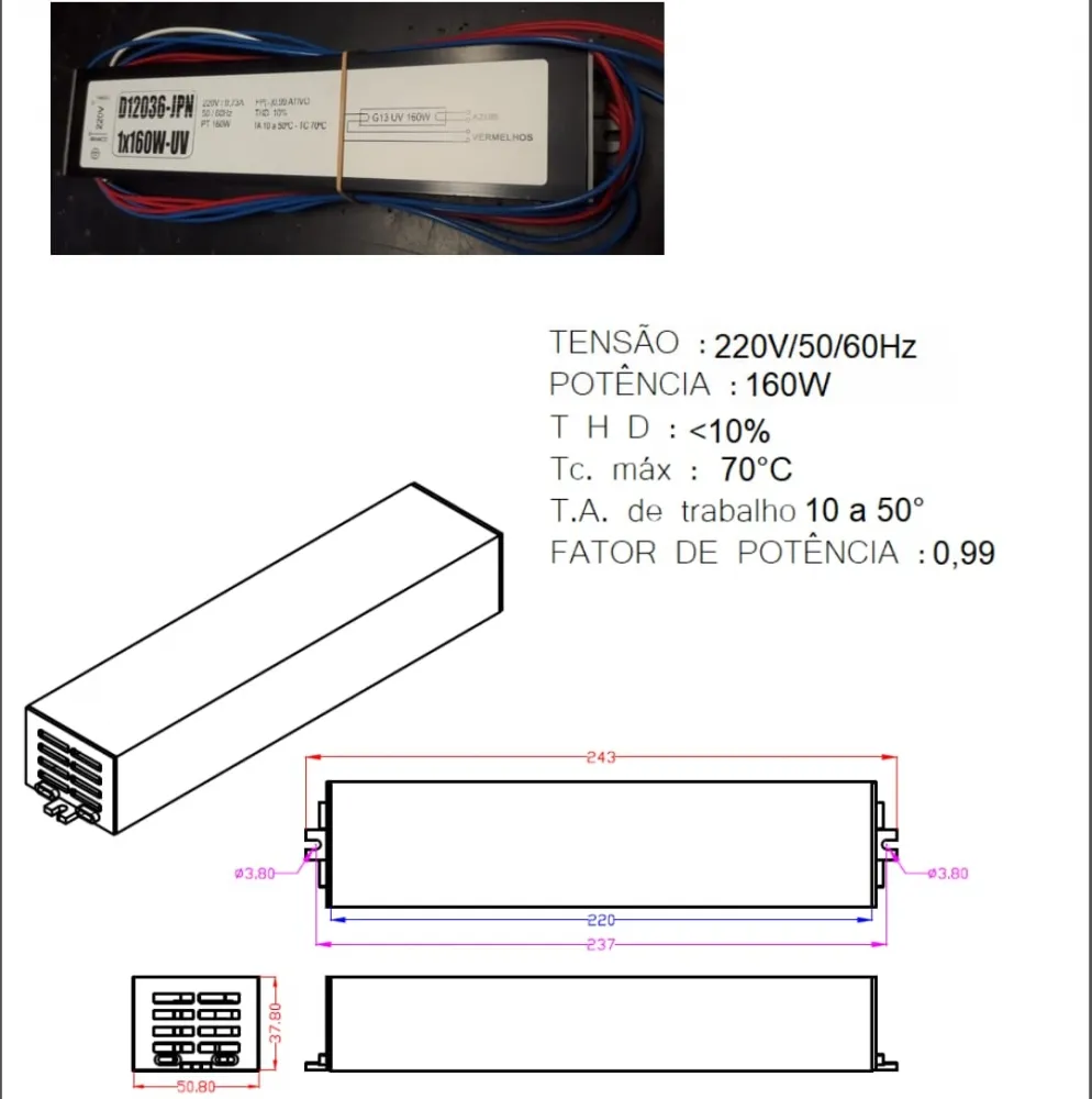 Reator ELETRONICO 1x160W UV PARA LAMPADA DE BRONZEAMENTO 