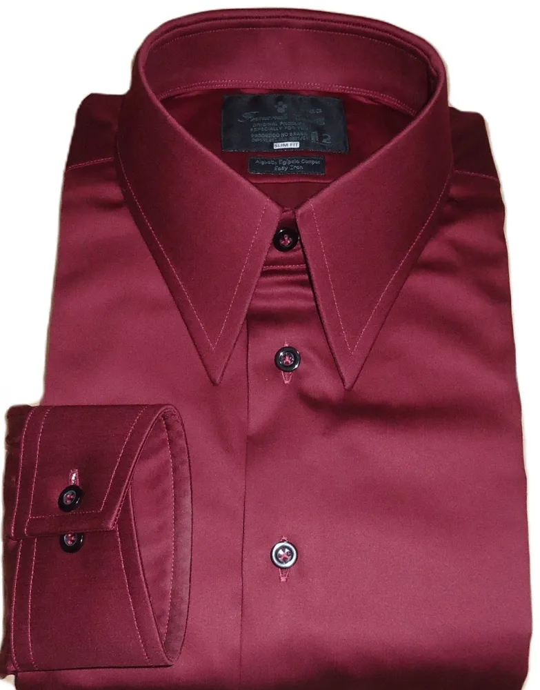 Camisa social vinho colarinho inglês clássico algodão fio 80 egípcio  