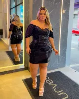 Vestido Curto Paetê Manga Curta Tule It Curves Preto - Foto 3