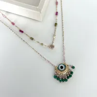 Colar Olho Grego com Penduricalhos de Cristais Verde e Rosa - Foto 2