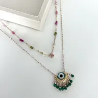 Choker Corrente com Cristais Rosa e Verde e Pedra Central Lilás - Foto 2