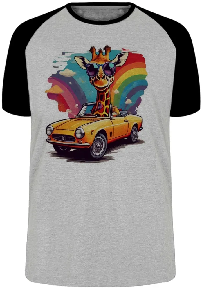 Camiseta adulto ou infantil Girafa colorida carro antigo
