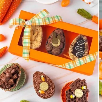 Cx. Retangular P/ 3 Ovos de 100 a 150 grs - Tampa cartonada com visor e fundo cartonagem - Dentro e fora mesma cor 26,5 x 14,0 x 8,0 Imagem