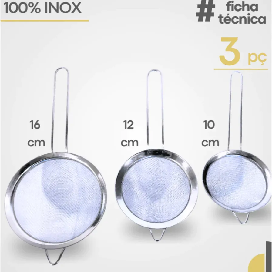 Kit 03 Peneira Coador Manual Em Aço Inox 3 Tamanhos P - M - G