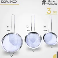 Kit 03 Peneira Coador Manual Em Aço Inox 3 Tamanhos P - M - G