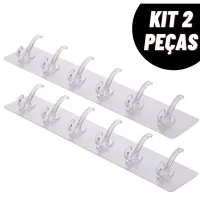 Kit 2 Ganchos Autocolante Transparentes Com 6 Ganchos Multifuncional Cozinha Banheiro