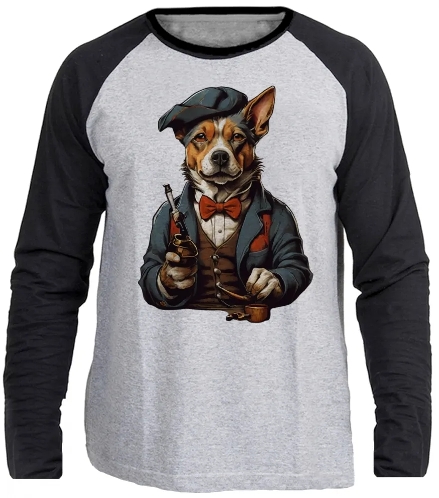 Camiseta manga longa Infantil ou Adulto Cachorro detetive fumando Imagem