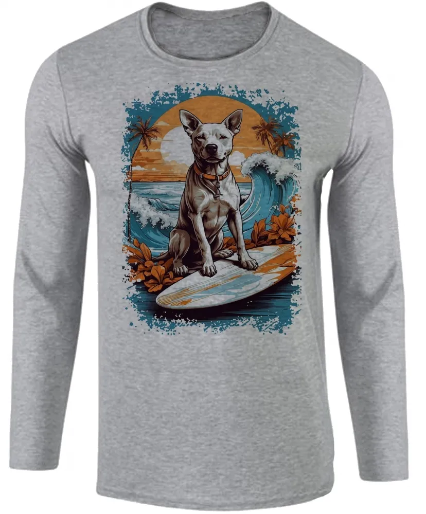 Camiseta manga longa Infantil ou Adulto cachorro pit bull praia surf