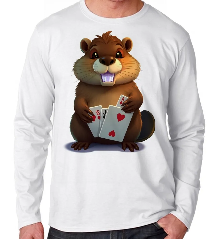 Camiseta manga longa Infantil ou Adulto Castor poker esquilo carta rato roedor canastra