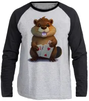 Camiseta manga longa Infantil ou Adulto Castor poker esquilo carta rato roedor canastra - Foto 2