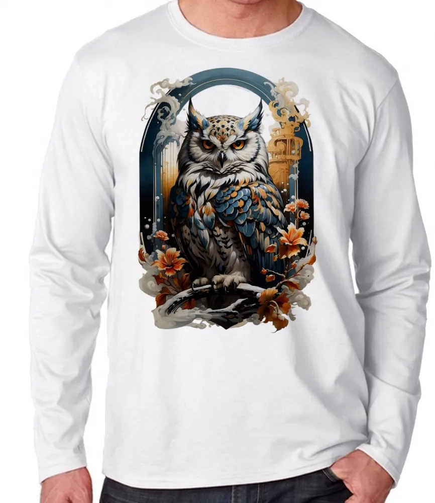 Camiseta manga longa Infantil ou Adulto Coruja passaro ave rapina Imagem