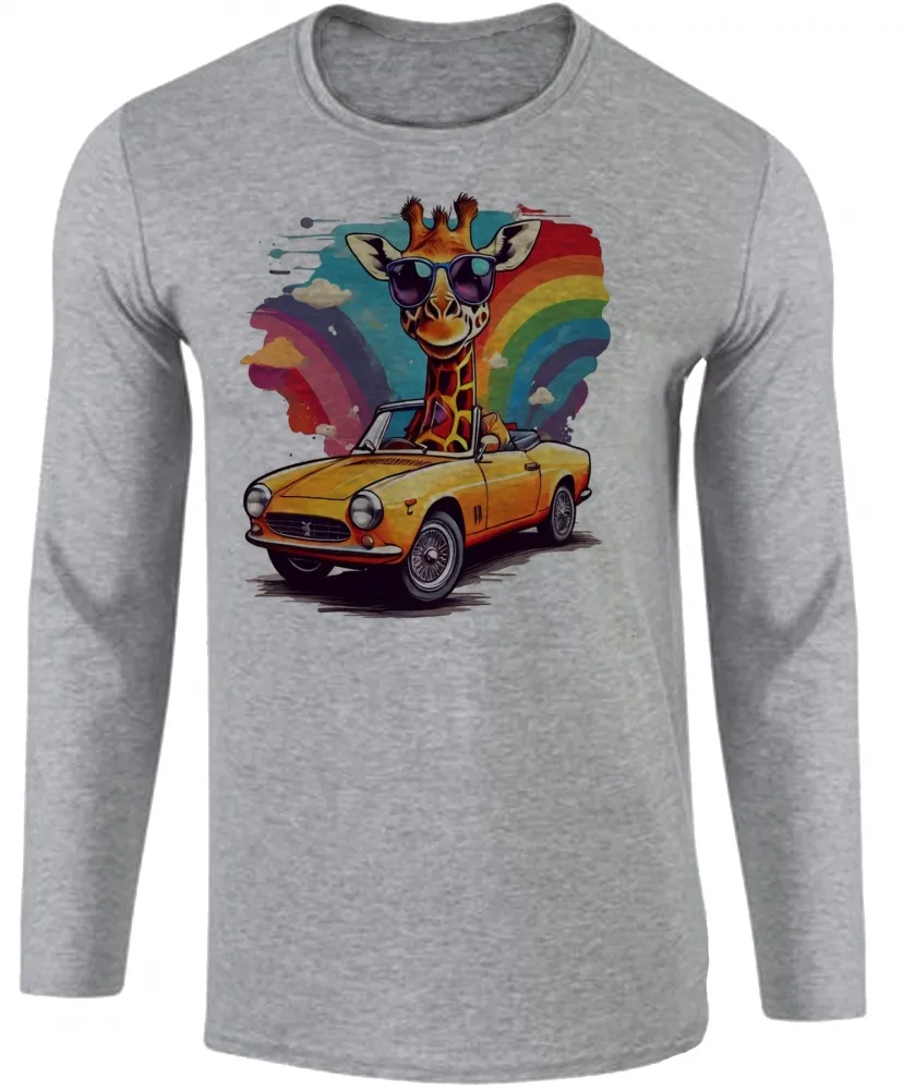 Camiseta manga longa Infantil ou Adulto Girafa colorida carro antigo