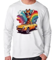 Camiseta manga longa Infantil ou Adulto Girafa colorida carro antigo - Foto 2