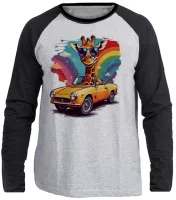 Camiseta manga longa Infantil ou Adulto Girafa colorida carro antigo - Foto 3